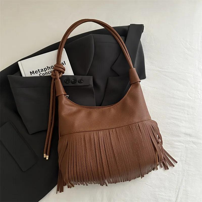 

Vintage Tassel Shoulder Bag For Women Daily Used, Soft PU Leather Versatile Crossbody Bags Ladies Casual Handbag 27x24x6cm
