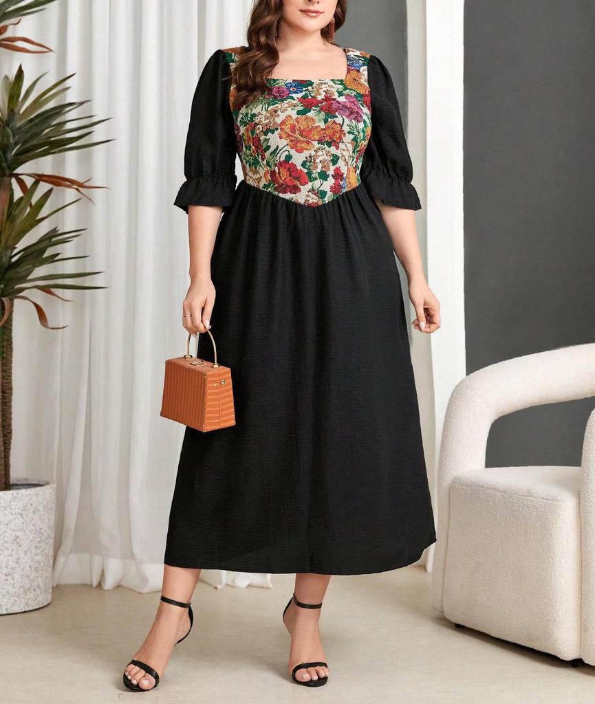 Ready Stock Plus Size Retro French Print Patchwork Dress - Long Sleeve Autumn/Winter Women's Skirt