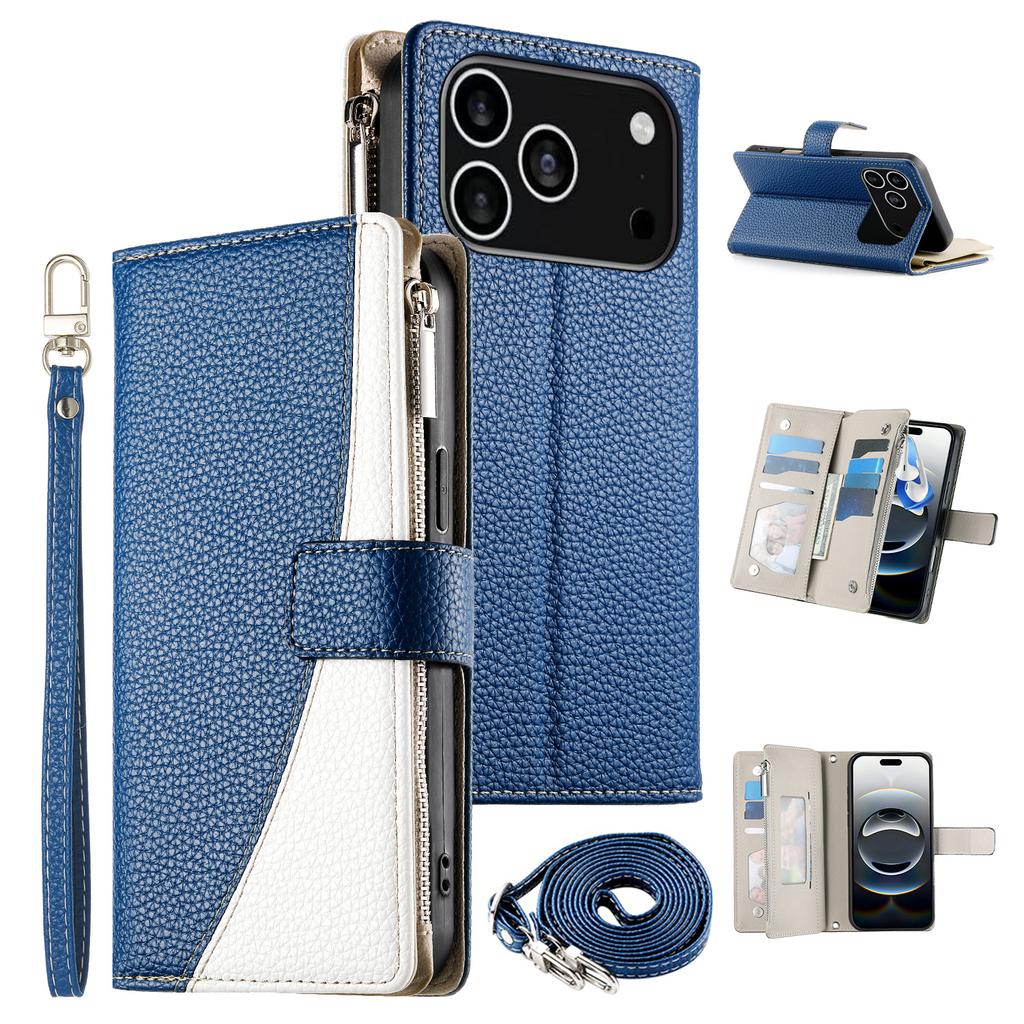For iPhone 17 Pro Case Zipper Wallet Color Splicing Leather Flip Phone Cover with Straps
