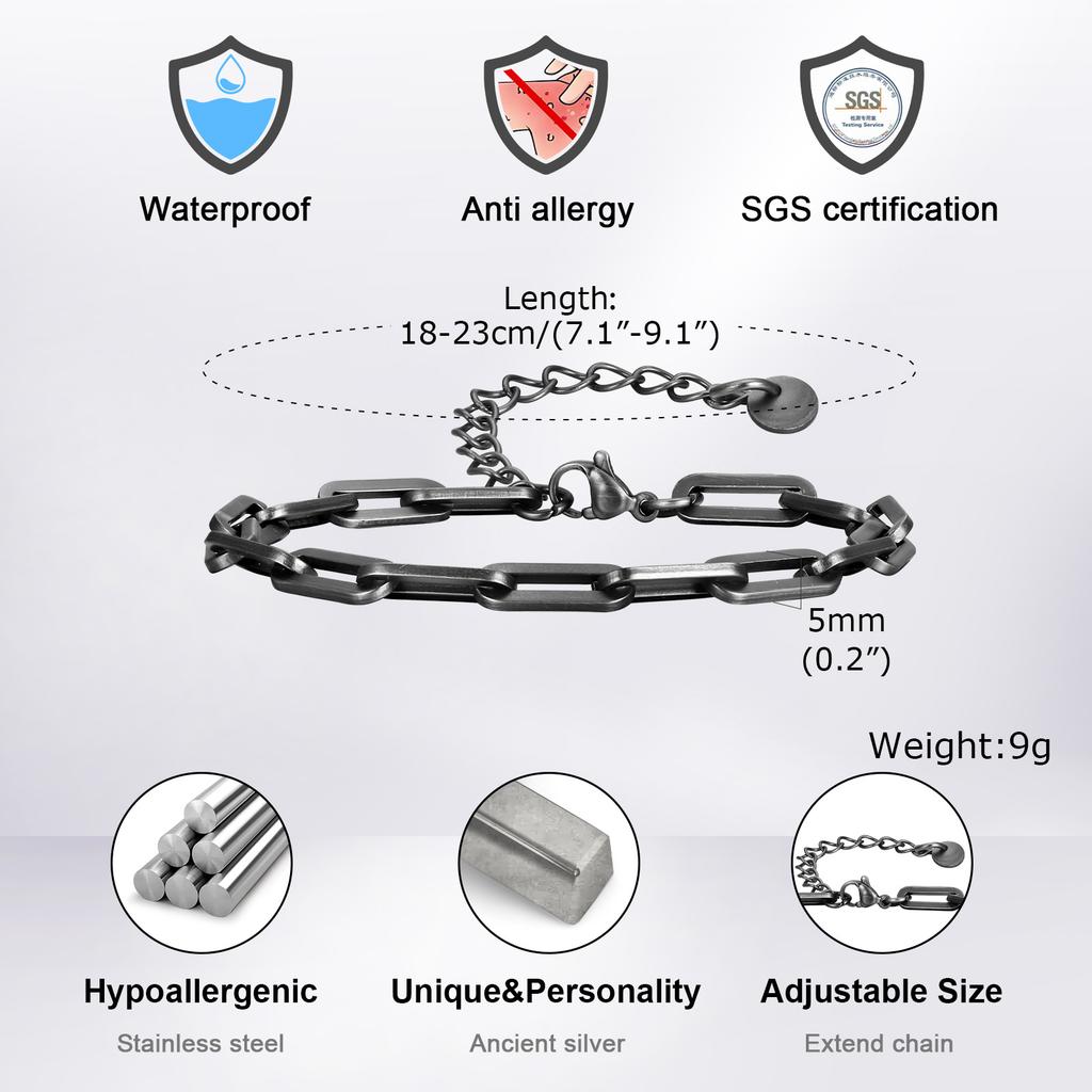 5mm Paperclip Chain Bracelets for Men Women,Waterproof Rectangle Stainless Steel Links Wristband,Trendy Zircon Gifts