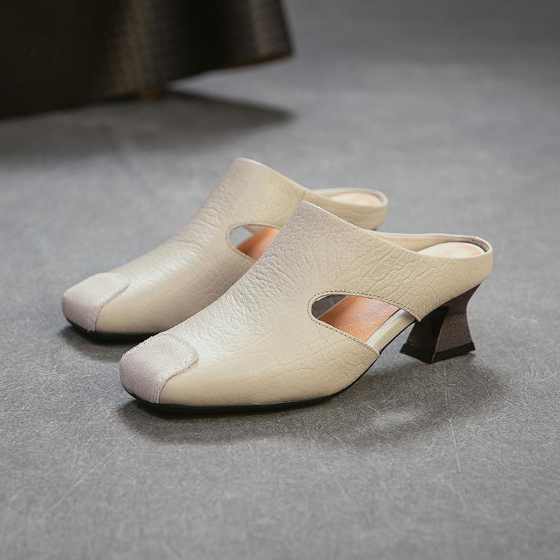 Johnature Retro Square Toe Thick Heel Fashion Slippers Breathable And Versatile Genuine Leather Women s Shoes 35