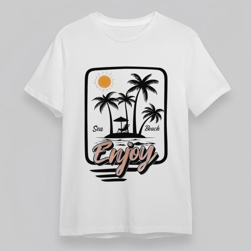 

Women s Plus Size Soft Classic T-Shirt Beach Scene With Sun Palm Trees Chair Tee XL