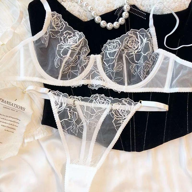 Сексуальное нижнее белье Французская ультратонкая сетка вышивка розами большого размера нижнее белье анти-провисание сексуальный комплект бюстгальтеров S белый