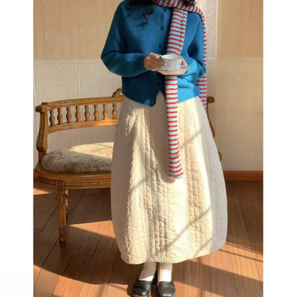 Japanese-Style Quilted Bud Shape Midi Skirt - Retro Autumn/Winter, New Mid-Length Small