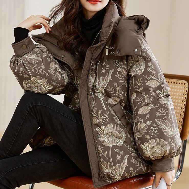 WTEMPO Große Daunenjacken mit Reißverschluss für den Winter, kurze, bedruckte, wattierte Kapuzenjacken für Damen, lässig, lockere, dicke Mäntel mit Taschen