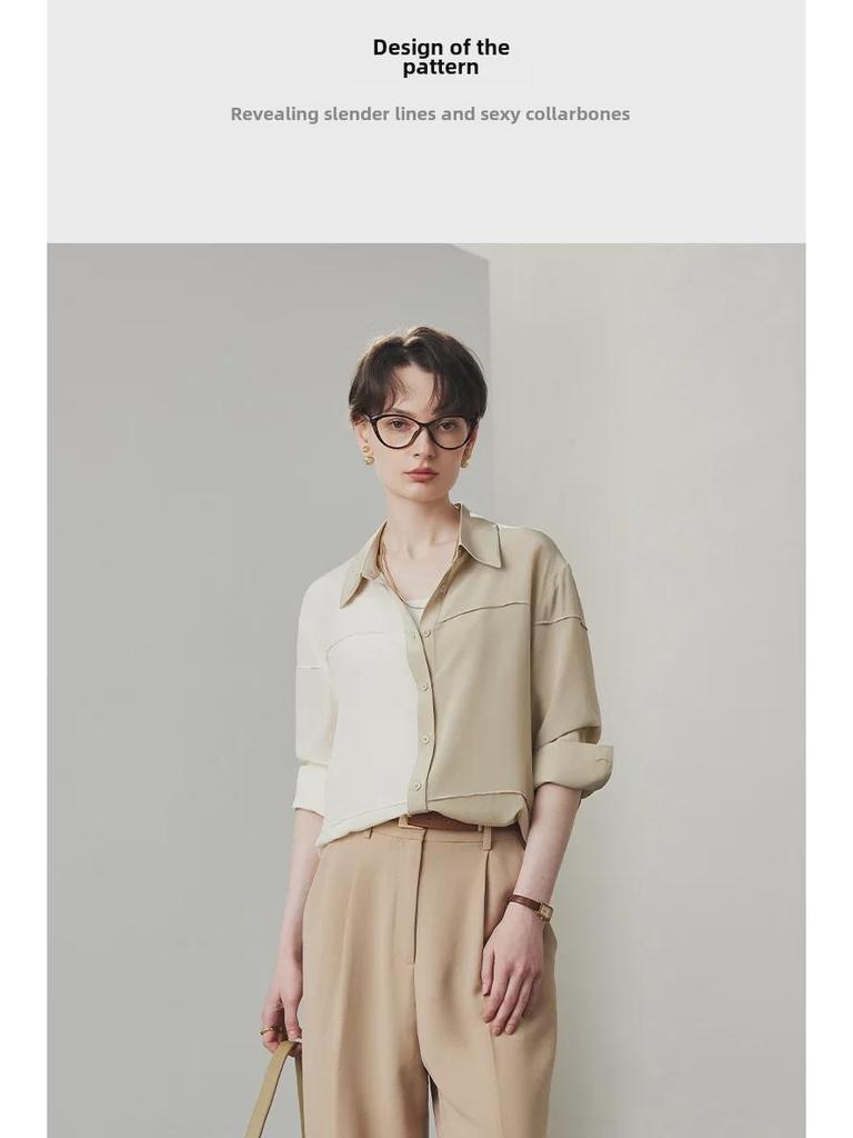 Women's Loose-Fit Silk Shirt - 2025 Spring/Summer, 100% Double Crepe Mulberry Silk, Color-Block Design
