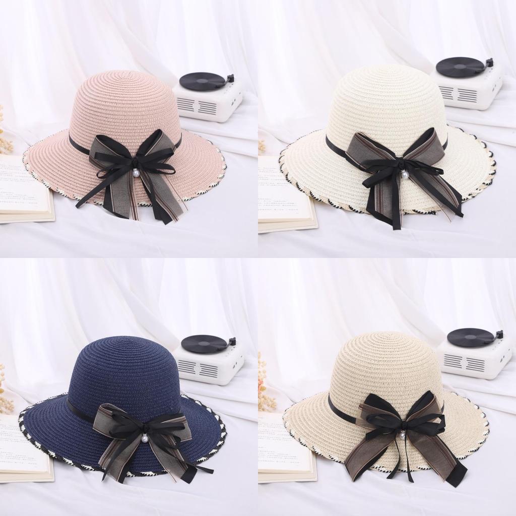 Polyester Sun Hat With Large Brim And Bow For Summer Beach Outings