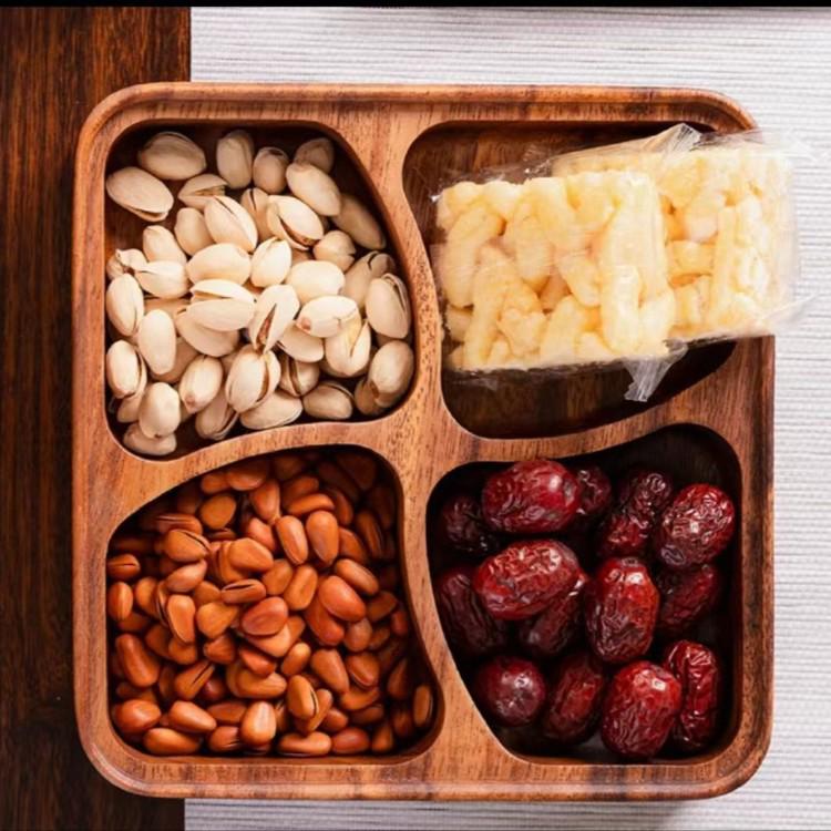 Stackable Walnut Fruit Bowl: Solid Wood Four-Compartment Tray for Dried Fruits and Snacks