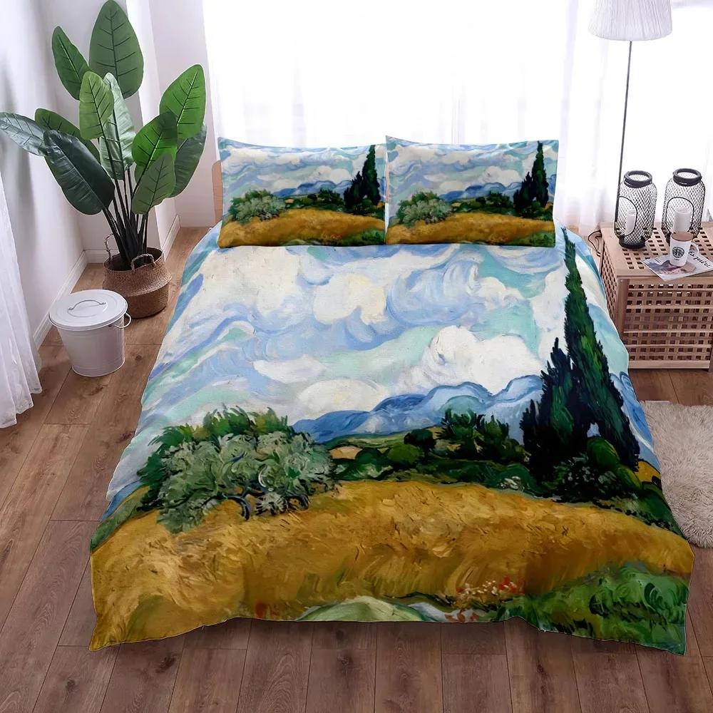 Van Gogh Mountain Village Oil Painting Duvet Cover Set King Queen Double Full Twin Single Size Bed Linen Set