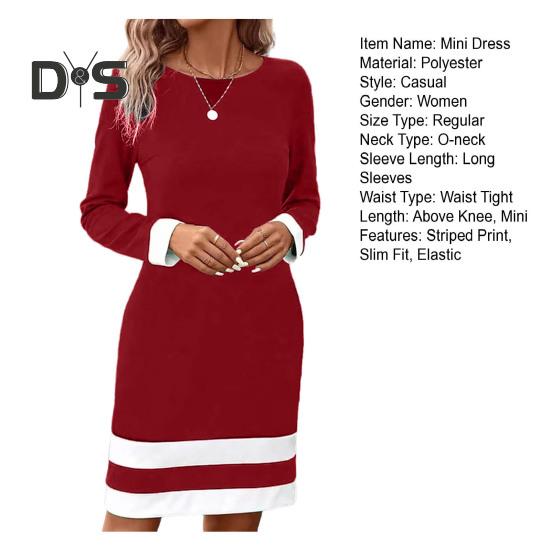 Women Elegant Pullover Dress Striped Print O Neck Long Sleeve Casual Dress Spring Autumn Mini Dress Slim Fit Dress