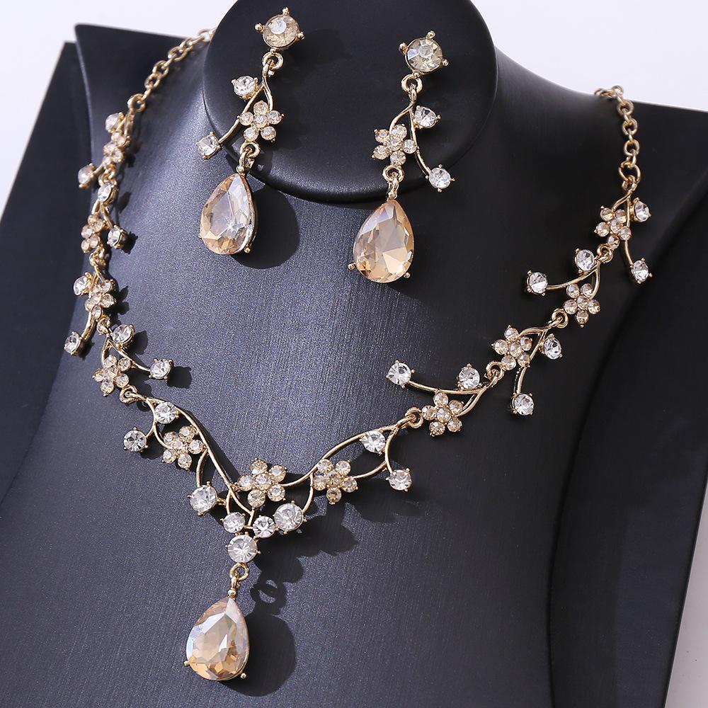 Luxury Colorful Crystal AB Water Drop Flower Bridal Jewelry Sets Rhinestone Necklace Earrings Wedding Dubai Jewelry Set
