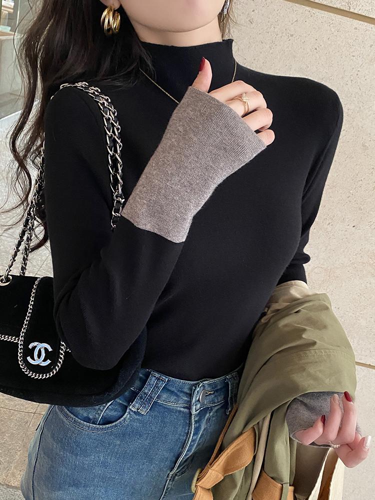 Elegant Semi Turtleneck Knitted Women's Bottom Sweater Fashion Autumn Winter Long Sleeve Casual Splice Tops Fashion Slim Fit Office Basic Clothing