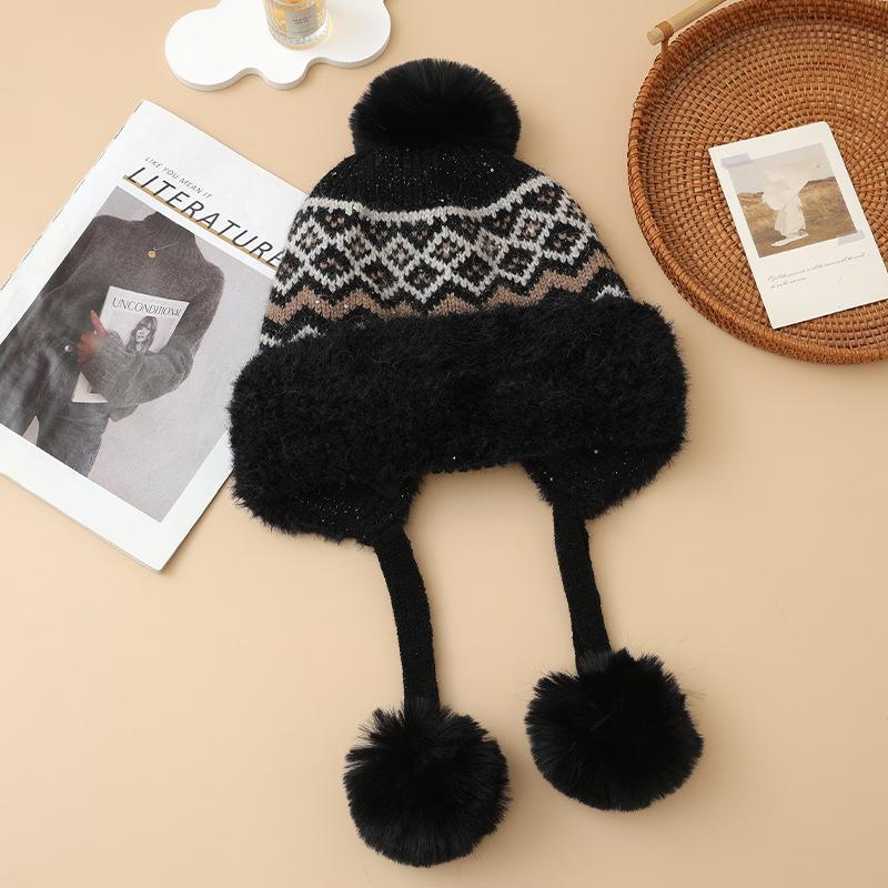 Fair Island Style Winter Plaid Bright Silk Plus Velvet Hat Versatile Sweet Ball Hat Outdoor Travel Cold Warm Hat Korean