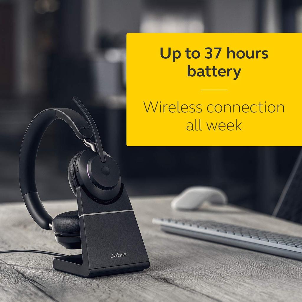 Jabra Evolve2 65 UC Stereo USB-A Stand Black Binaural Wireless Headset with 37-Hour Battery Life, Dedicated Charging Stand, and 2-Year Warranty