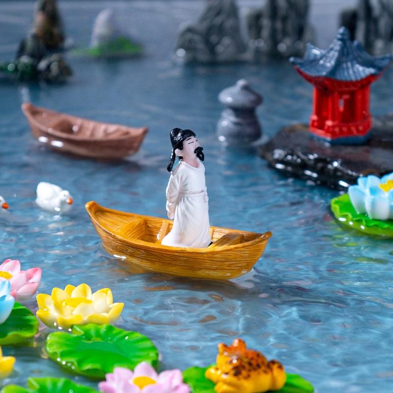 Simulation Floating Boat Lotus Flower Frog Mini Model Figurine Micro-landscape Fish Tank Bonsai Landscaping DIY Home Decor