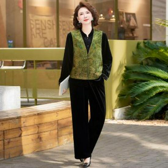 2026 Spring Floral Vest & Wide-Leg Pants Outfit: Elegant Three-Piece Set for Mature Women 3XL зелёный
