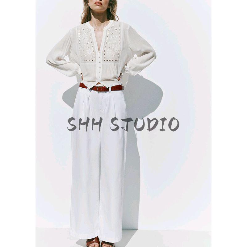 Spring New Women's Clothing Preppy Style Laminated Decoration Round Neck Long Sleeves Cut Out Embroider Short Shirt 8741022