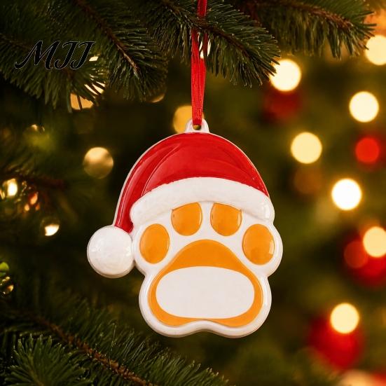 Small Gift for Pet Lovers Resin Christmas Ornament, Cute Cat Paw/Bone Shaped Xmas Tree Hanging Decoration Decorative Pendant Holiday with Santa