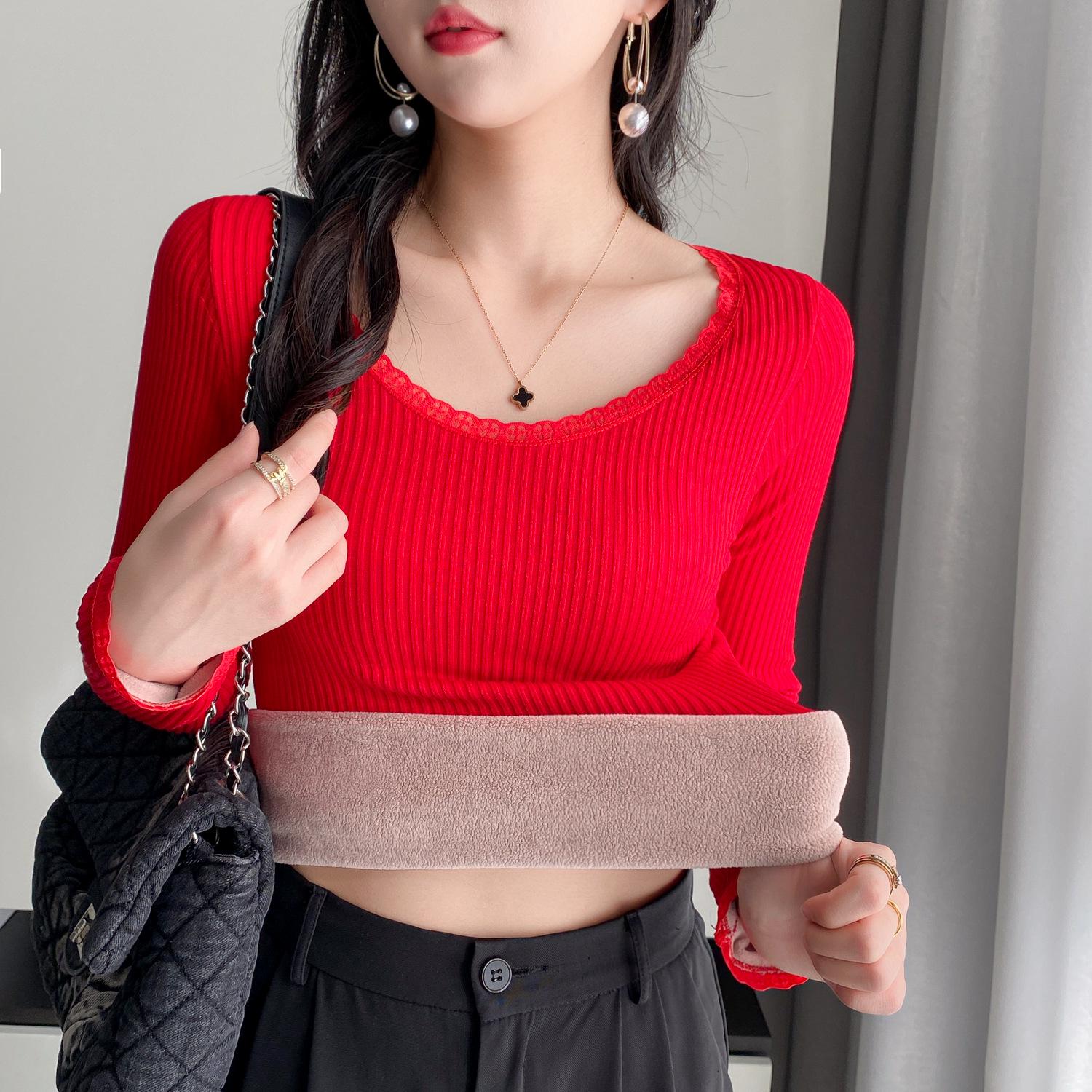 

Женские теплые топы из овечьей шерсти: Новый плюшевый, утолщенный, эластичный облегающий крой для осени и зимы One Size красный