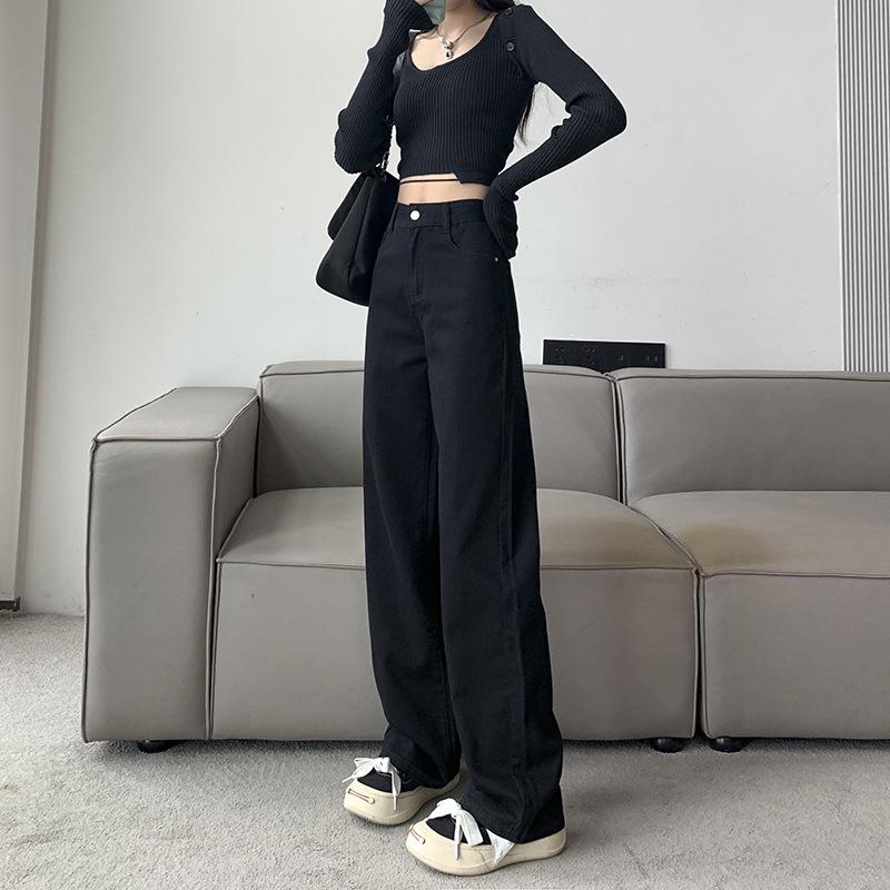 

2025 Women s High-Waisted Wide-Leg Jeans: Spring/Autumn, Slimming, Pear Shape, Plus Size, Floor-Length 3XL чёрный