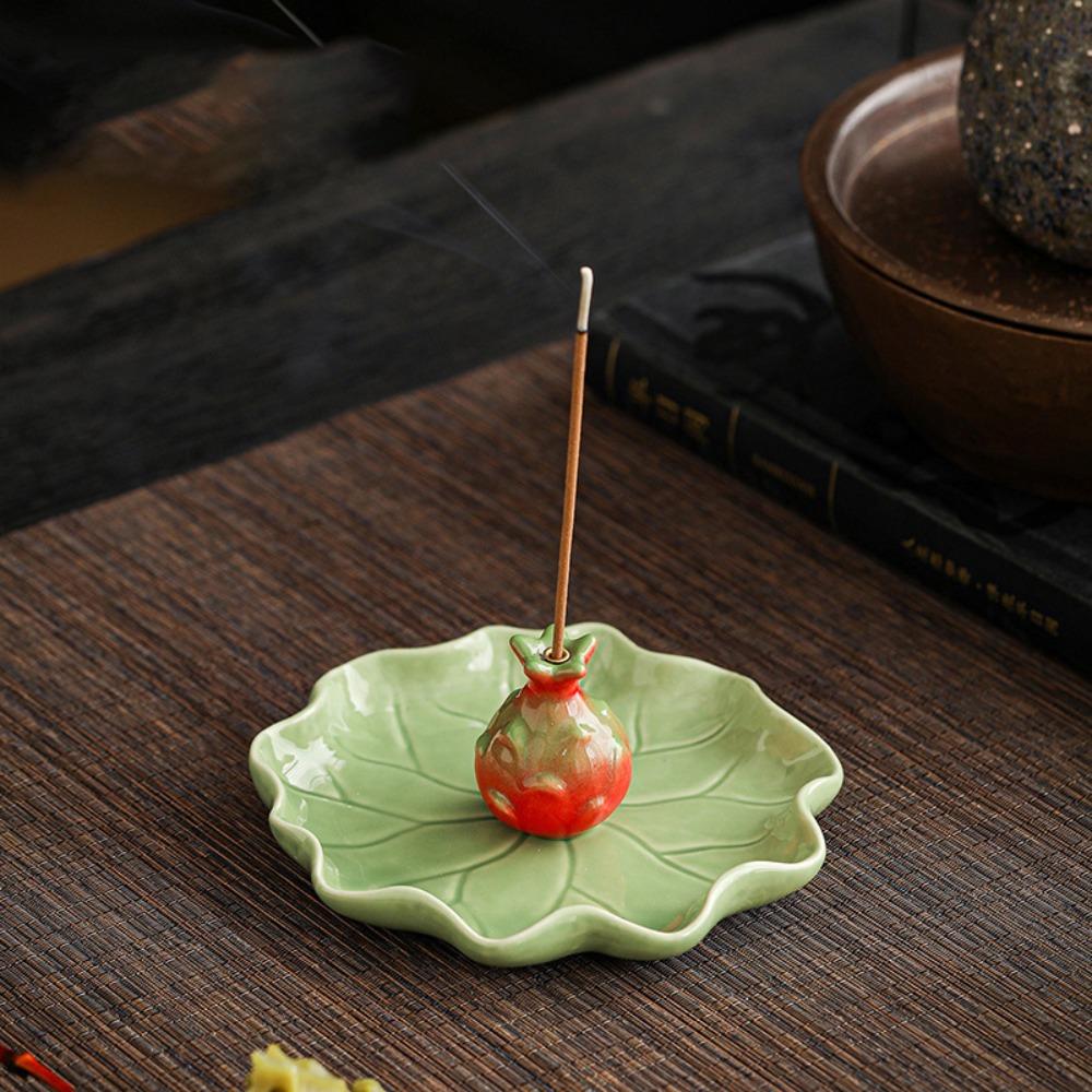 Creative Frog Lotus Ceramic Incense Holder with Lotus Leaf Tray Ash Catcher Zen Incense Burner Incense Stick Holder Home Decor