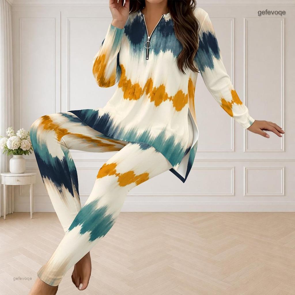 Women Plus Size Printed Half Zip Long Sleeve Long Top And Fitted Pants Two Piece Set