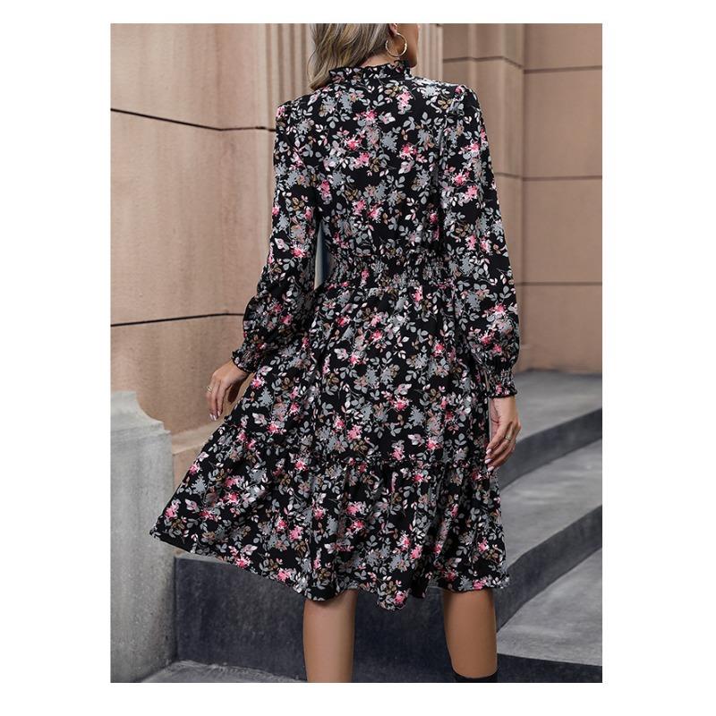 Women's Spring Dress Temperament Elegant Dress with Long Sleeves and Floral Print