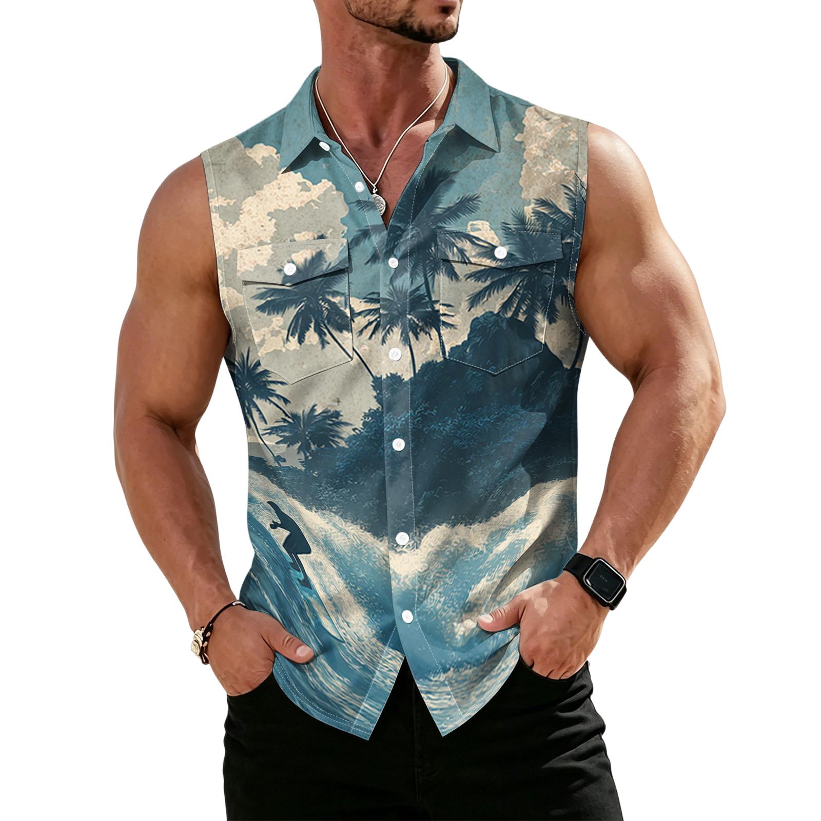 Men s Workwear Lapel Button-Down Vest Shirt - Lightweight Sleeveless Top L темно-зеленого