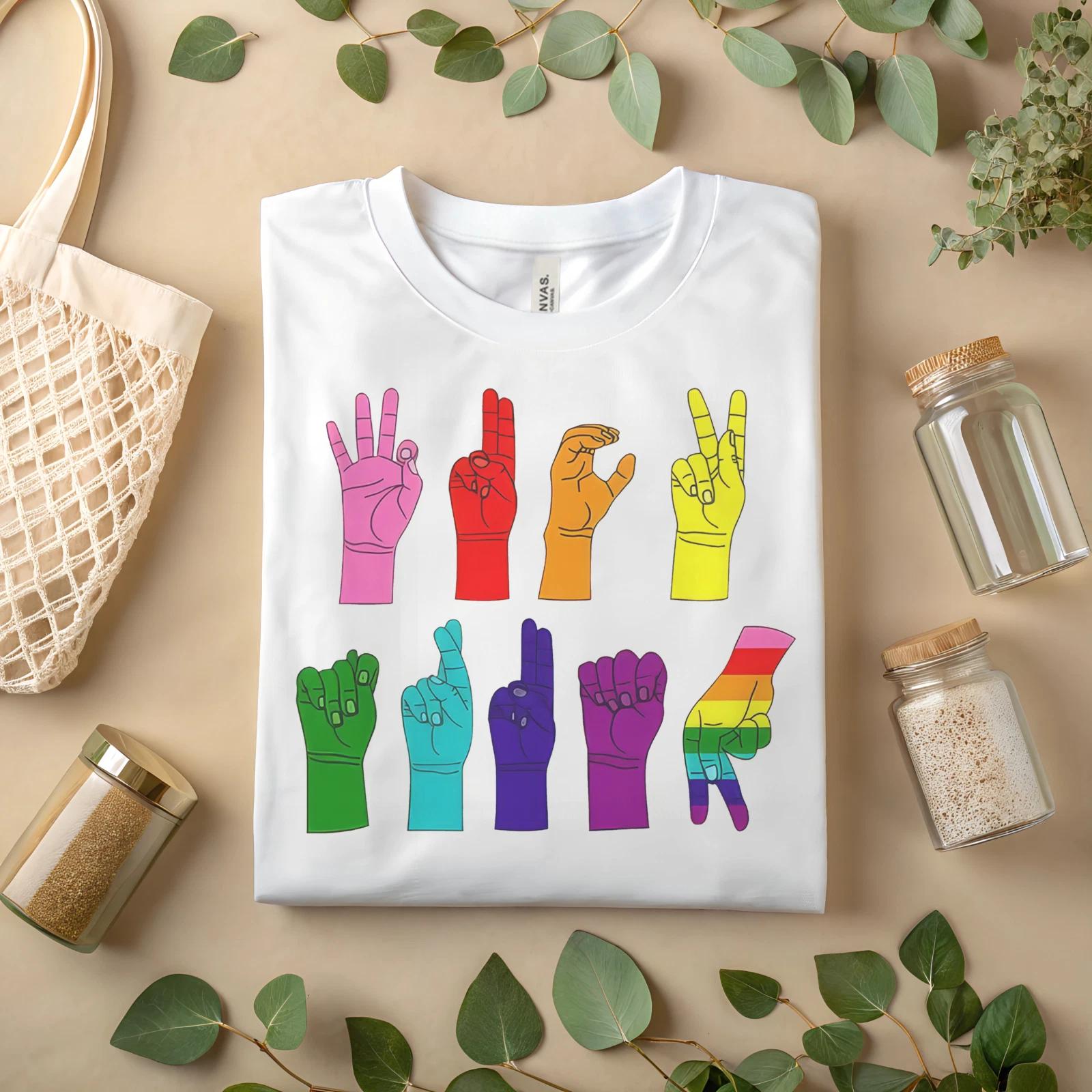 

Rainbow ASL Love Hands Shirt – Sign Language Pride Graphic Tee for Equality A436 S