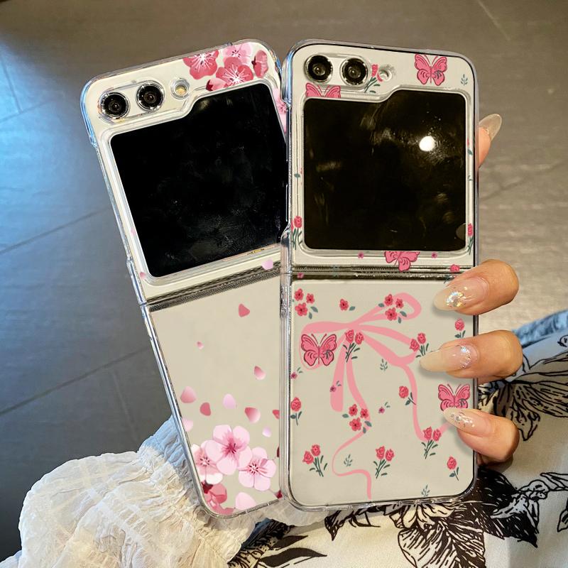 Pink Bowknot Pattern Clear Case For Samsung Galaxy Z Flip7 Flip6 Flip5 Hard Folding Phone Cover For Samsung Z Flip 7 6 5 4 3 5G