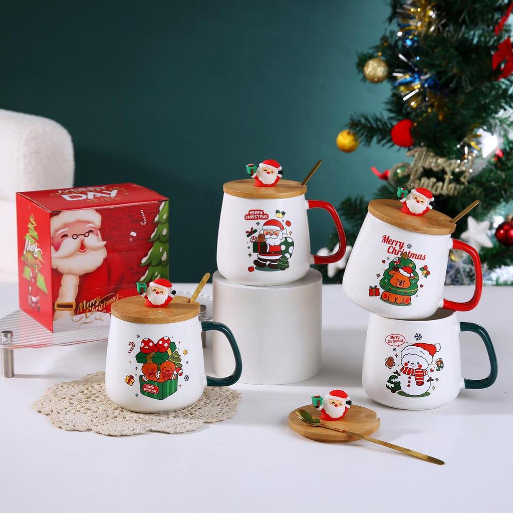 Cute Santa Reindeer Ceramic Mug with Lid & Spoon - Perfect Christmas Souvenir Gift