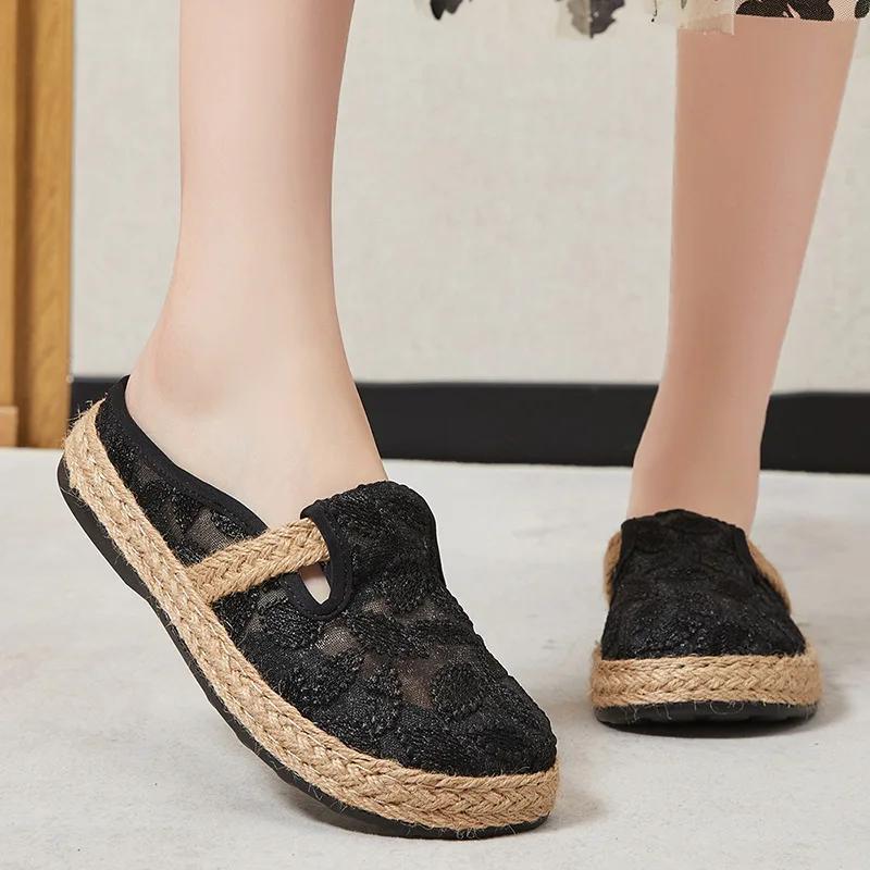 Módní nové 2024 módní etnický styl výšivky lněné prodyšné boty pro ženy venkovní ležérní dámské poloviční pantofle Zapatos De Mujer