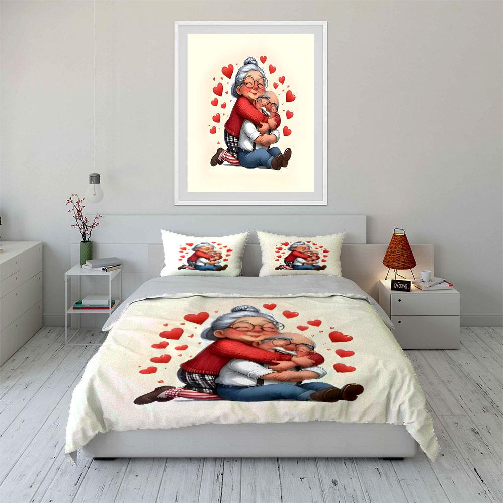 Cute Cartoon Elderly Couple Hug Red Heart Bedding SetSweet Old Grandma Grandpa Love Print 1 Duvet Cover + 2 Pillowcase gift