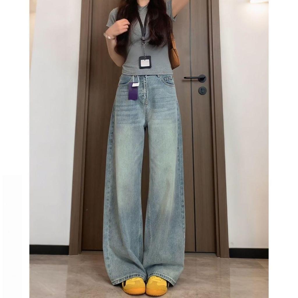 Light Color Fleece-Lined High Waist Wide Leg Jeans for Women - Slimming, Loose Fit, Floor Length for Pear Shape, Autumn/Winter