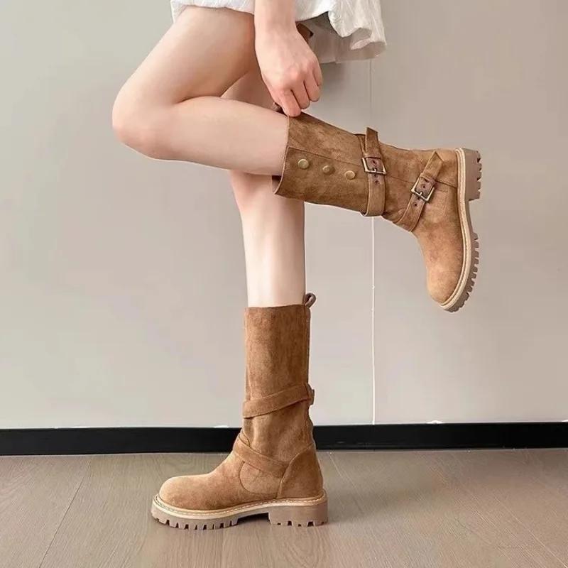 Fashion Retro Platform Western Cowboy Boots for Women Buckle Designer Autumn Winter Women's Shoes Cow Suede Fashion Casual Boots Female