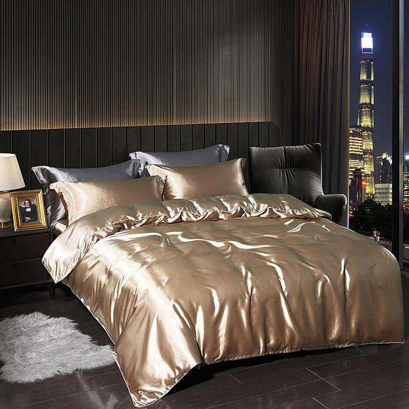 Luxury Satin Bedding Set with Flat Sheet Duvet Cover High End Bedding Set High Density Satin Solid Color Bedding
