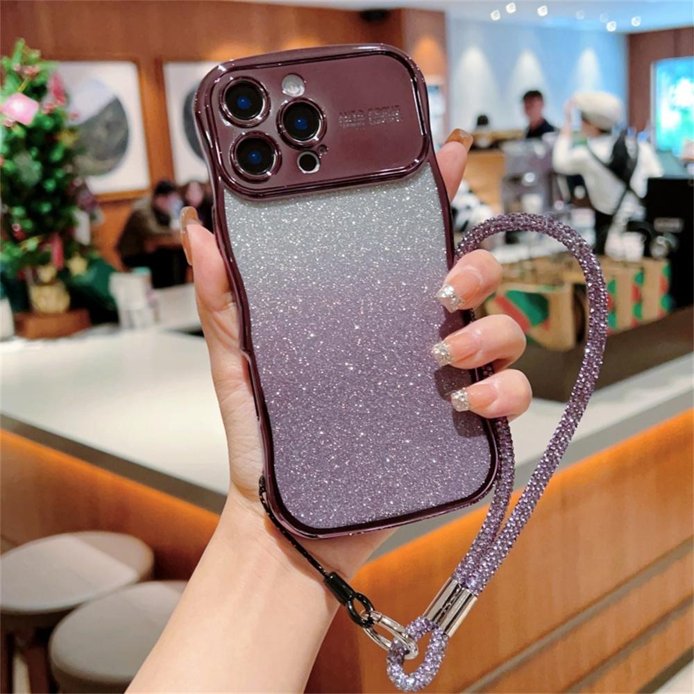 For iPhone 16 Pro Max Case with Strap Gradient Glitter Electroplating TPU Phone Cover