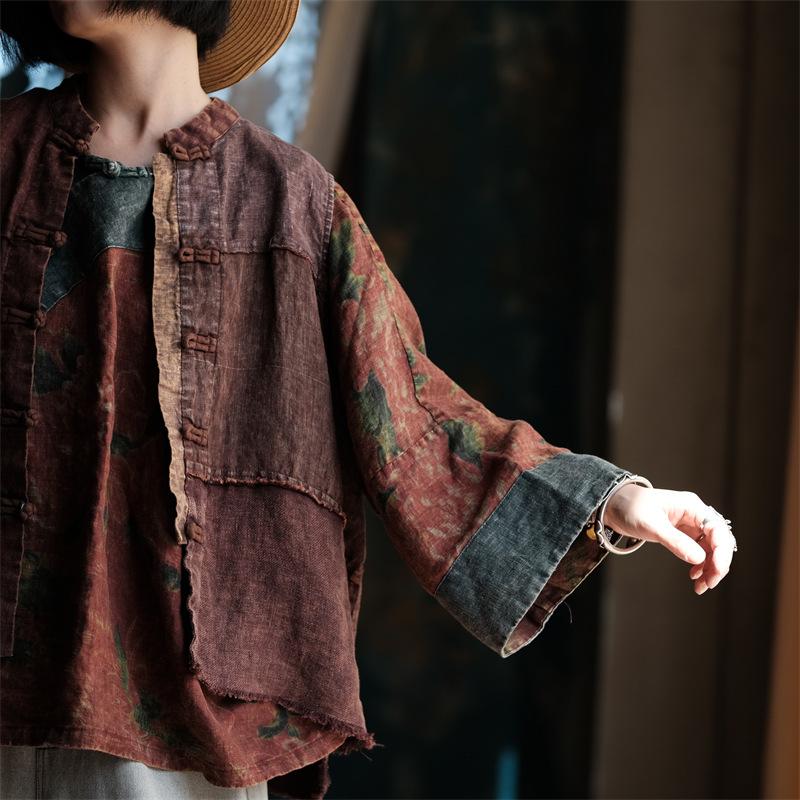Johnature Women Vintage Coats Spring Chinese Style Patchwork Button Stand Loose Female Coats