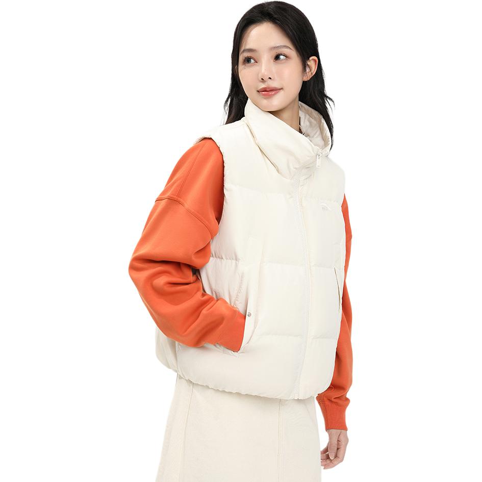 Anta Lifestyle Series Letter Zipper Stand Collar Sleeveless Down Vest Women Vests Stone-White 162348902-2
