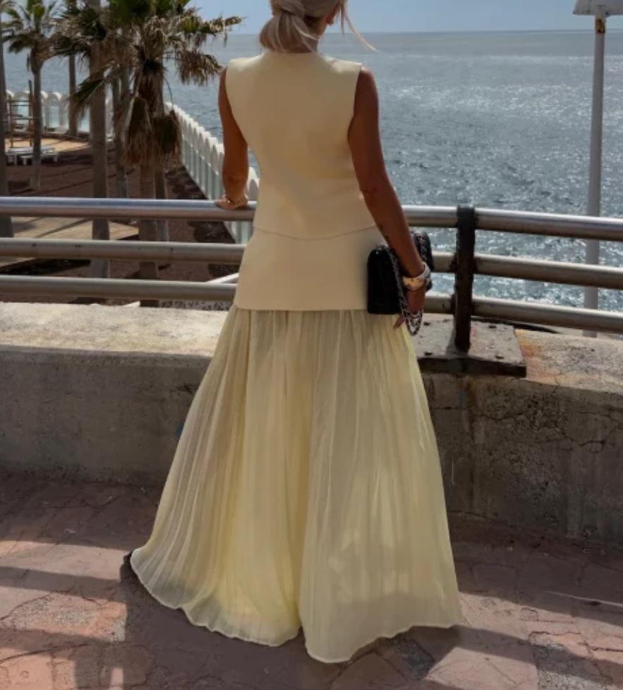 2025 Damen Sommer Schlankmachende Strickweste & Raffung Tüll Patchwork Langes Kleid Set