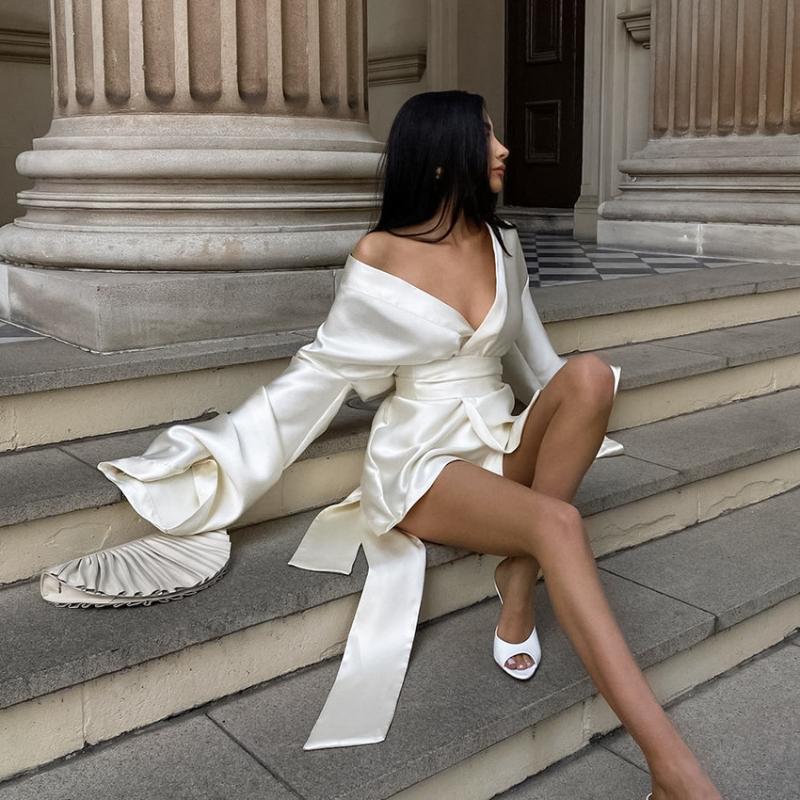 LYRIA Jednoduché francouzské šaty z hedvábného saténu, Elegantní dámské šaty s pásem v pase, Nové s dlouhým rukávem a výstřihem do V, Dámské elegantní párty šaty