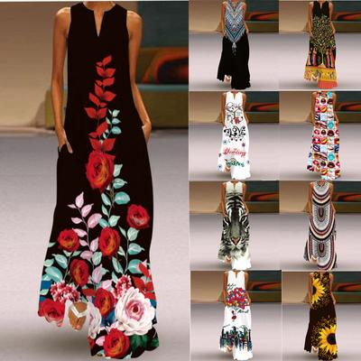 Women Spring Long Sleeved Floral Printed Plus Size Kaftan Dress Vintage Maxi Dresses