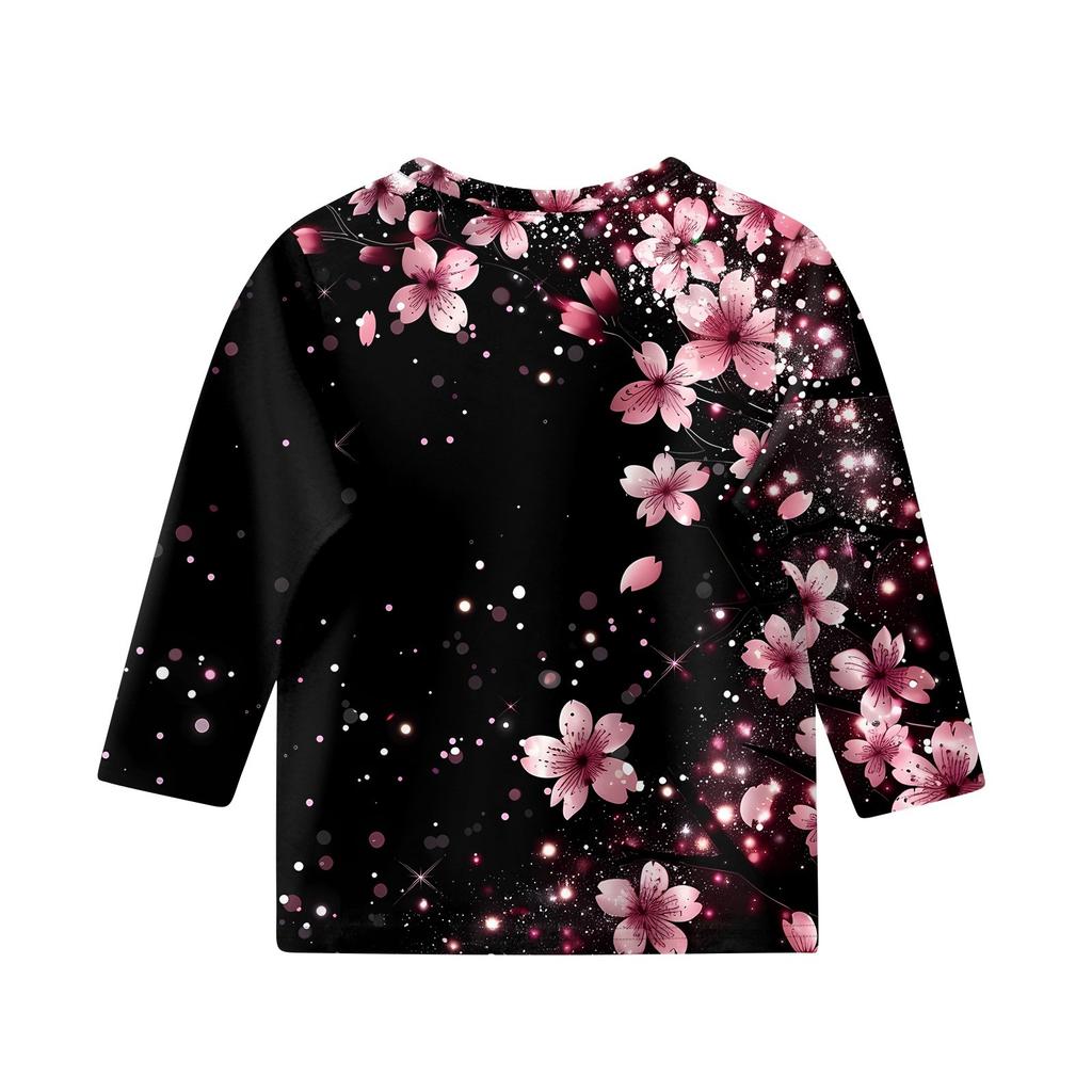 Children's 3/4 Sleeve Tops Casual Print T Shirt Round Neck Pullover Blouse