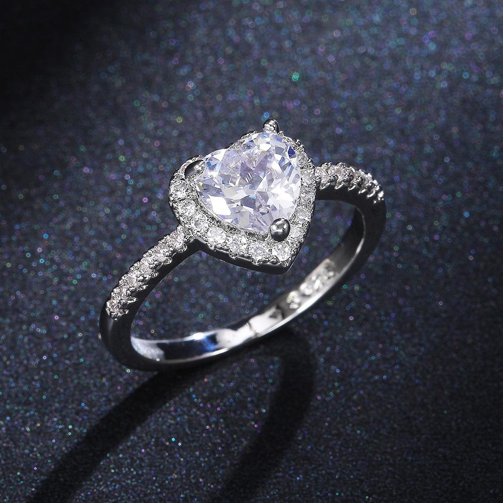 Peach Heart Ring Ladies, Love Shaped Zircon Diamond Set Copper Silver Plated Fashion Jewelry