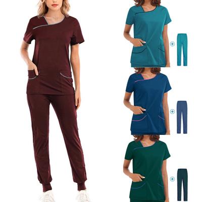 2 Pcs/Set Nurse Uniform Suit Solid Color Short Sleeve Elastic Waist Ankle-banded Hospital Work Suit for Medical Staff