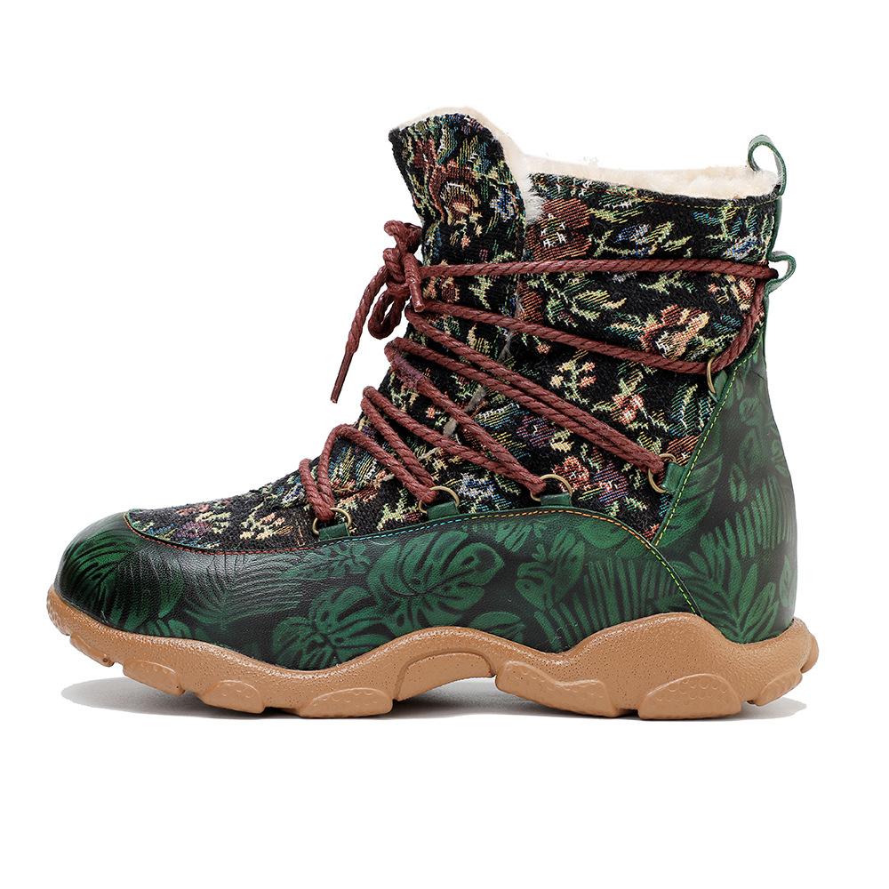 Johnature Botas curtas de inverno femininas quentes e confortáveis, feitas à mão, em couro legítimo, estampado, emendado, pelúcia, retrô