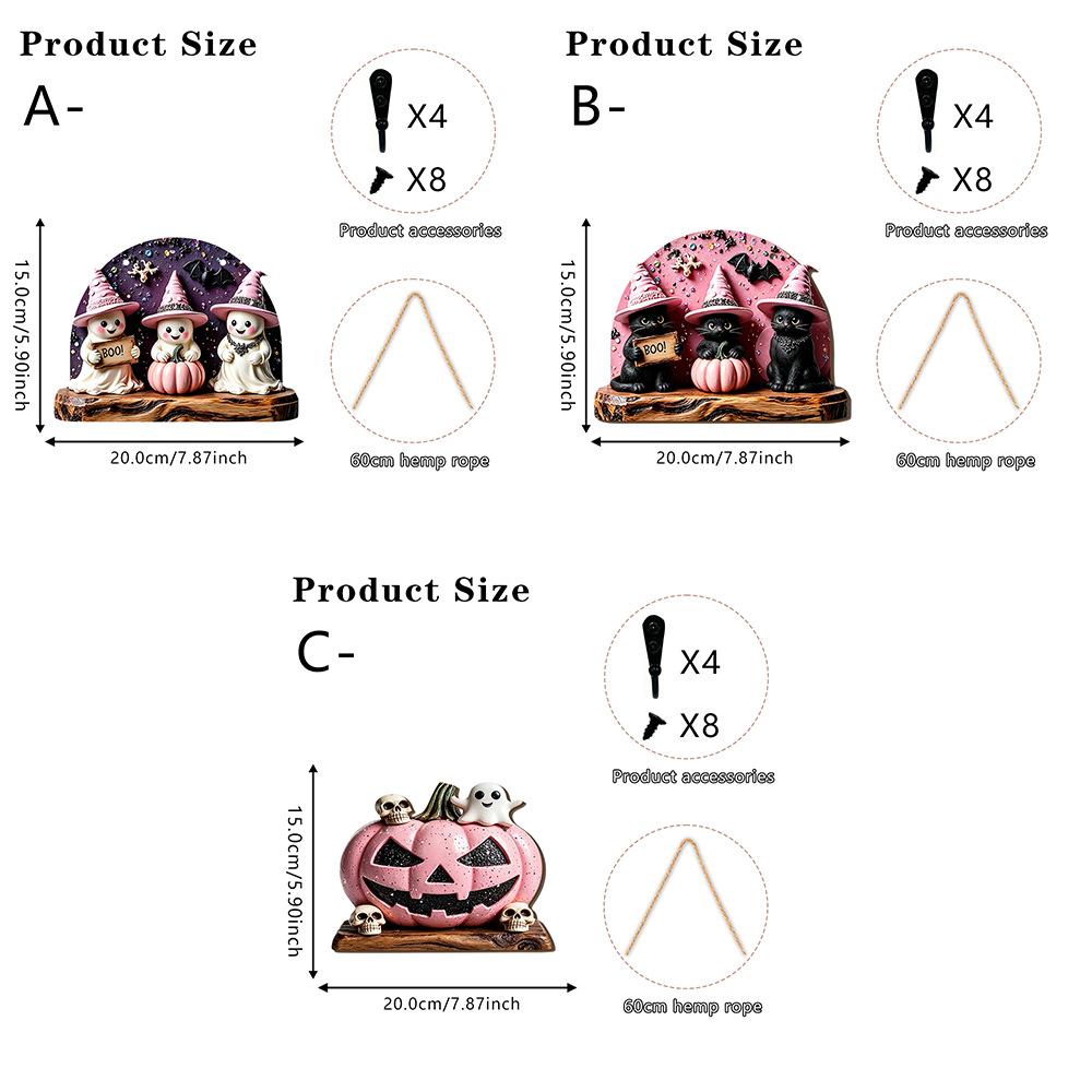 Pink Halloween Wooden Hanging Sign Cute Ghost Black Cat Wall Decoration Hook Holiday Ritual Sense