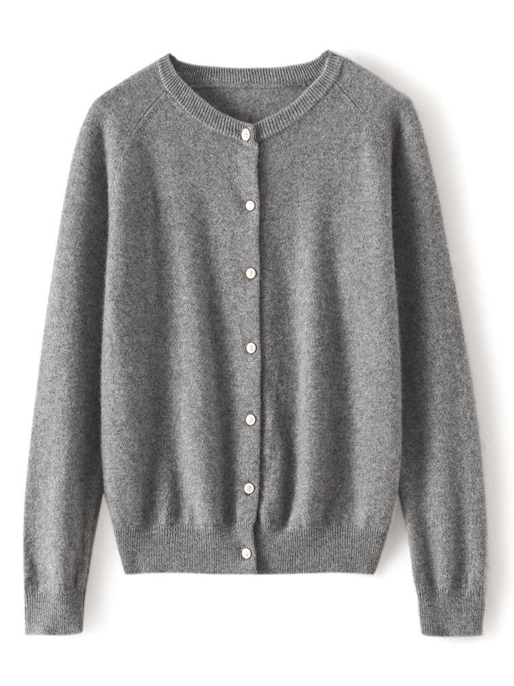 Women's Loose Fit Cashmere Raglan Cardigan – Round Neck, Long Sleeve, Solid Color