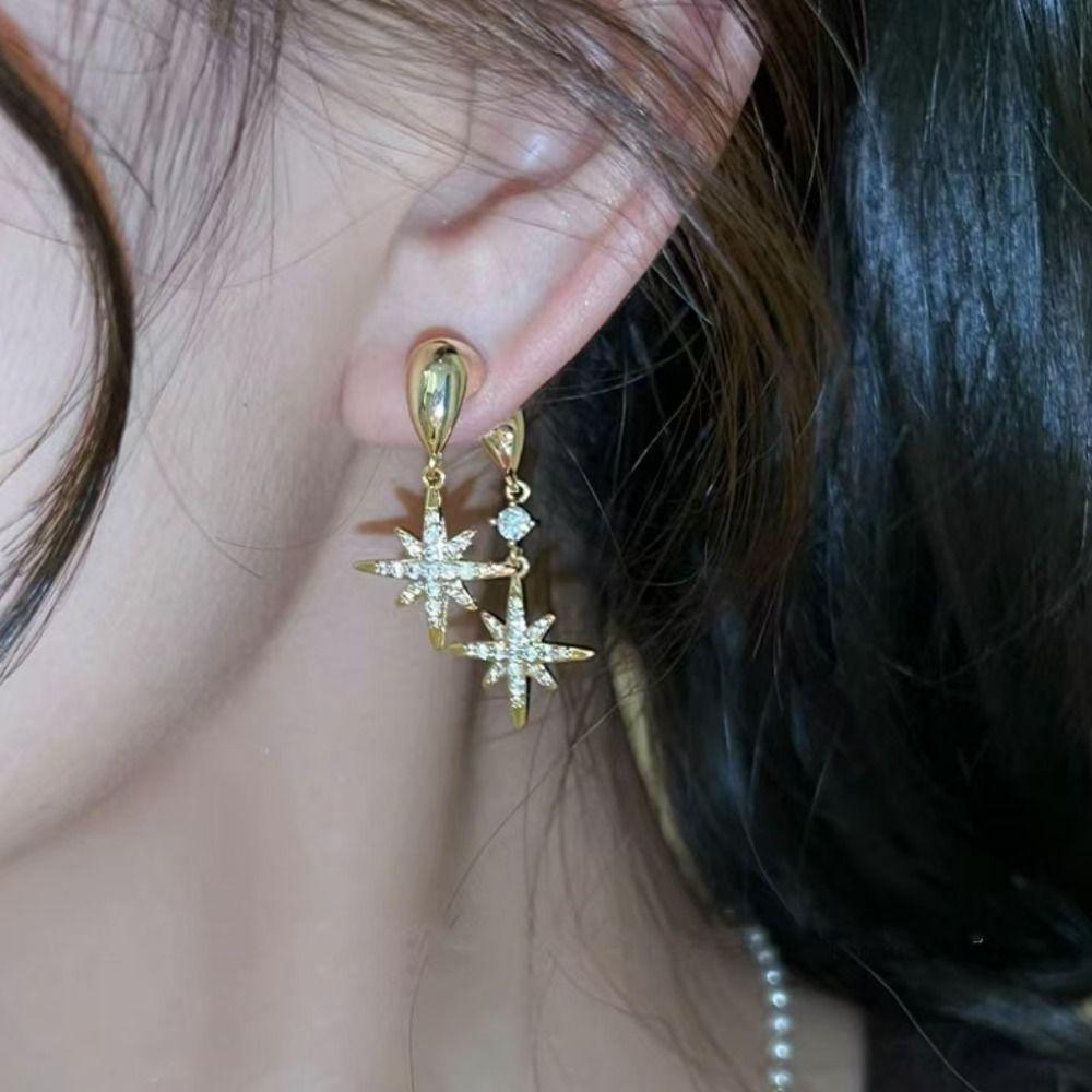 Fashionable Double-sided Star-shaped Earrings Shiny Studded Rhinestones Pendant Earrings Star Eardrop Gifts