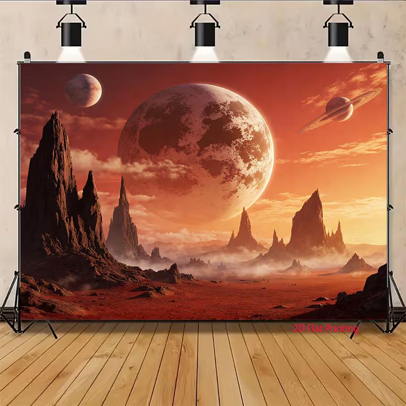 2D Sci-Fi Room Backdrop, Alien Red Planet Landscape with Multiple Moons Background